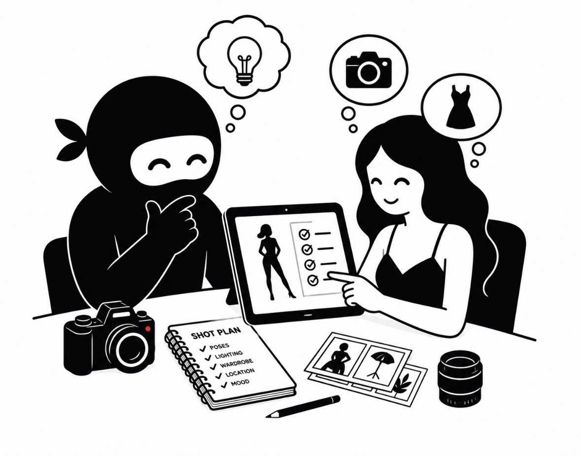 Ninja and model reviewing ID and paperwork