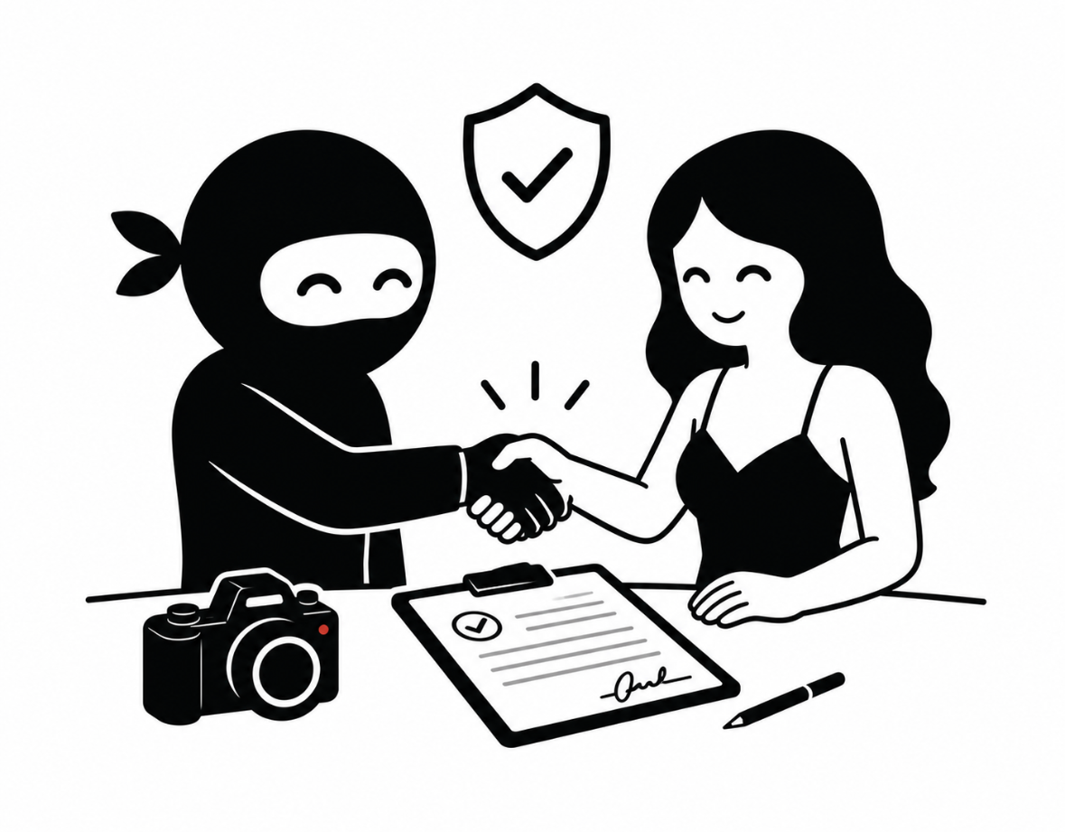 Ninja and model shaking hands over an agreement